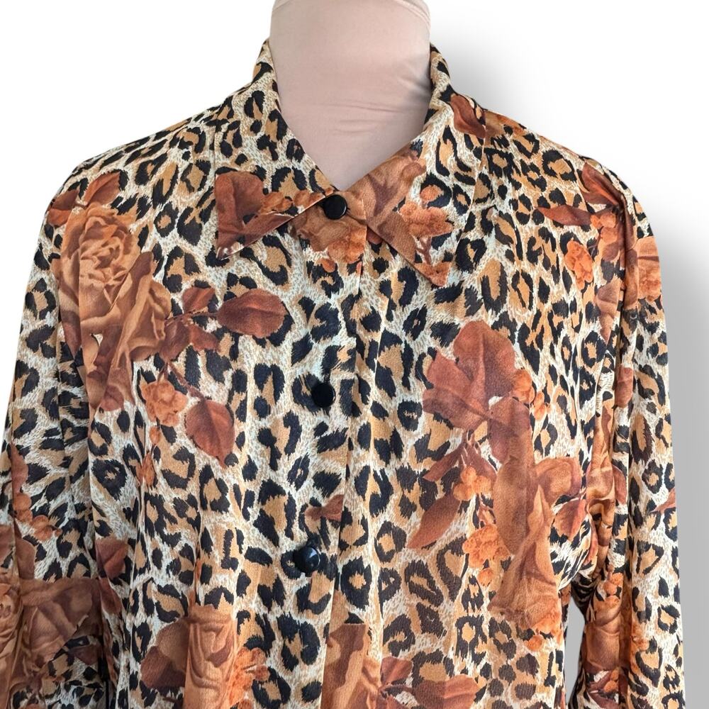 Vintage Leopard Rose Dark Floral Animal Print Button Up Sheer Blouse Plus 2X USA